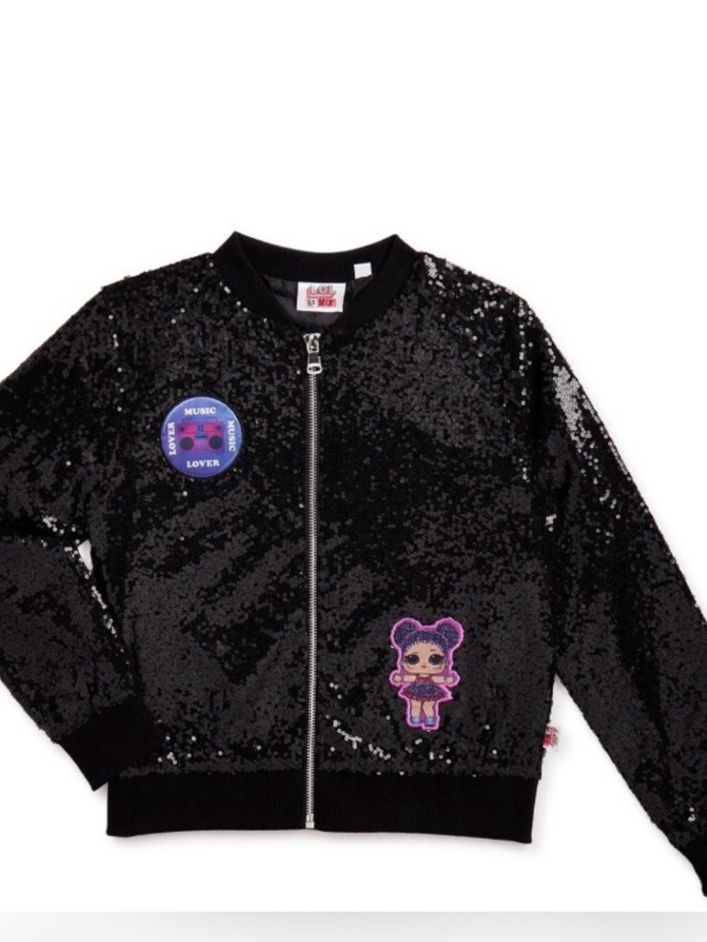 L.O.L. Surprise! Black Sequin Zip Bomber Jacket with Purple Patch